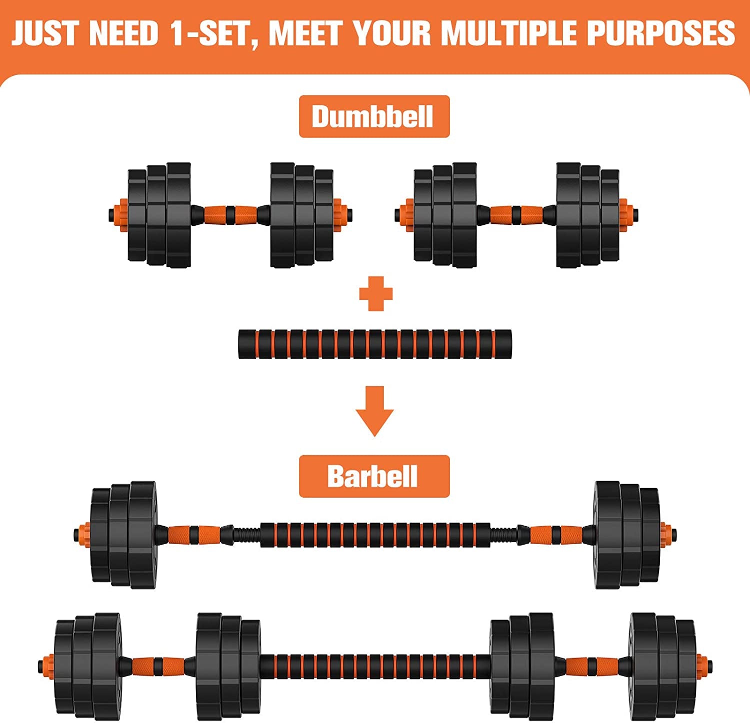 Adjustable Weights Dumbbells Set, 44Lbs 2 in 1 Weights Barbell Dumbbells Non-Slip Neoprene Hand with Connecting Rod for Adults Women Men Fitness,Home Gym Exercise Training Equipment YA018